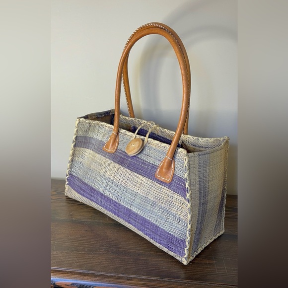 Vtg Handwoven Madagascar Raffia Stripe Tote Bag - Picture 12 of 14